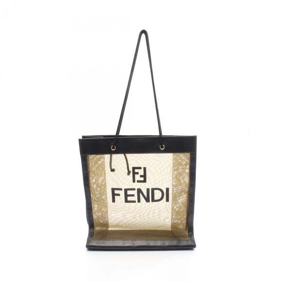 Fendi FF logo mesh tote bag, leather and fabric, women's, khaki black
